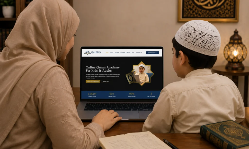 Qalbian Academy website presentation on a laptop in an online Quran learning scene.